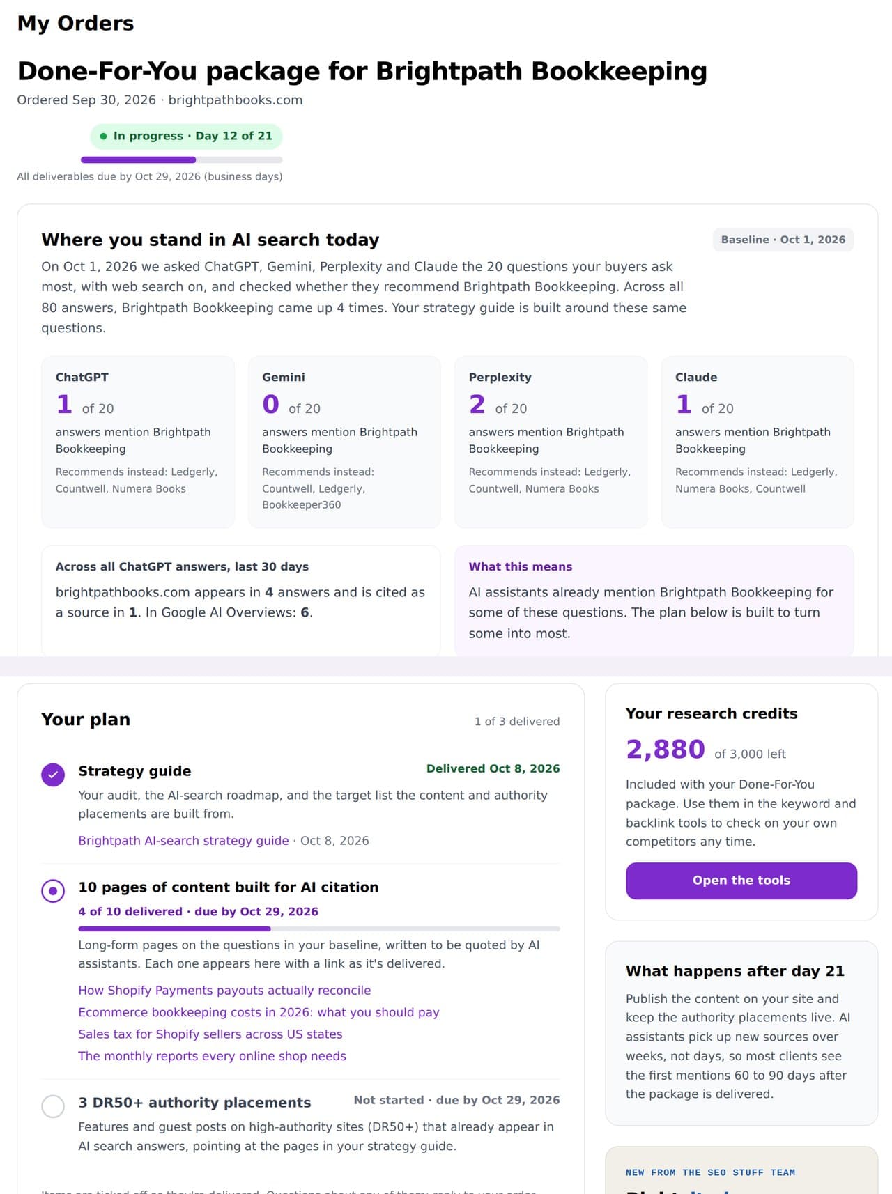 The SEO Stuff order dashboard: where you stand in AI search and the delivery checklist